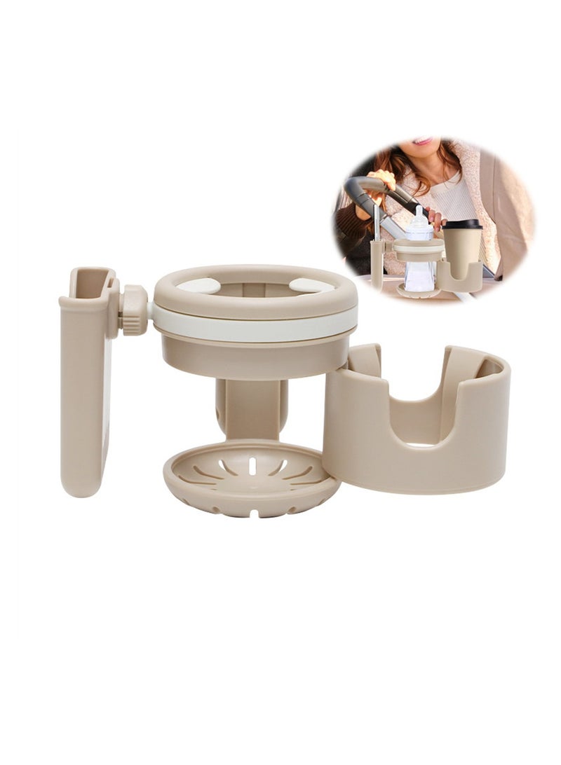 Retractable Stroller Cup Holder, Non-Slip Multifunctional Holder with Phone Slot, Firm Grip for Stroller, Bike, Walker, Beige