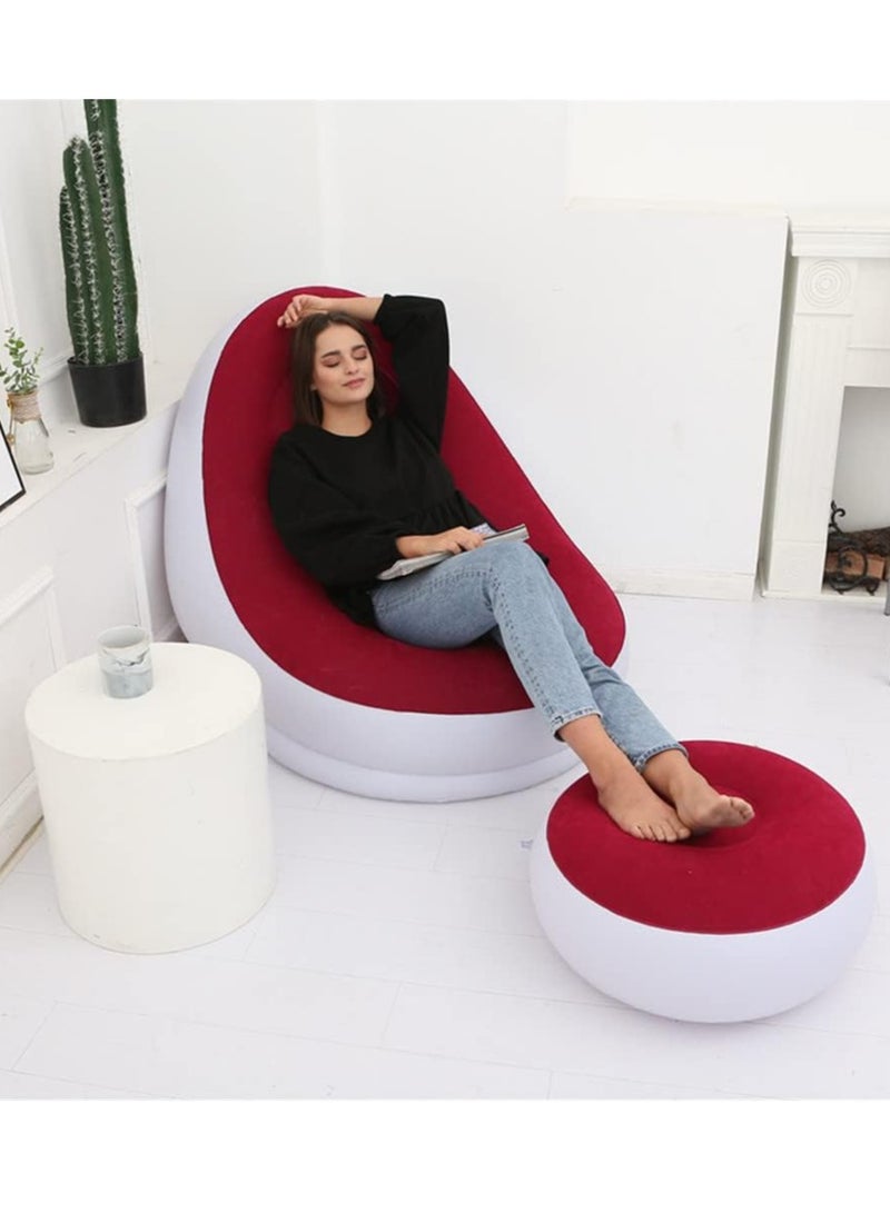 Inflatable Lounge Chair for Adults Flocking Air Couch Sofa for Gaming Bedroom Indoor Outdoor  Red and White