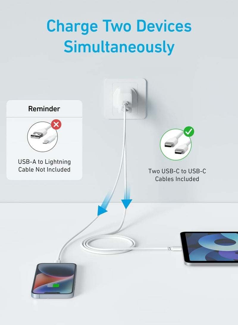 2-Pack 20W Dual Port USB Fast Charger Plug USB C Charger With Type C Charging Cable White