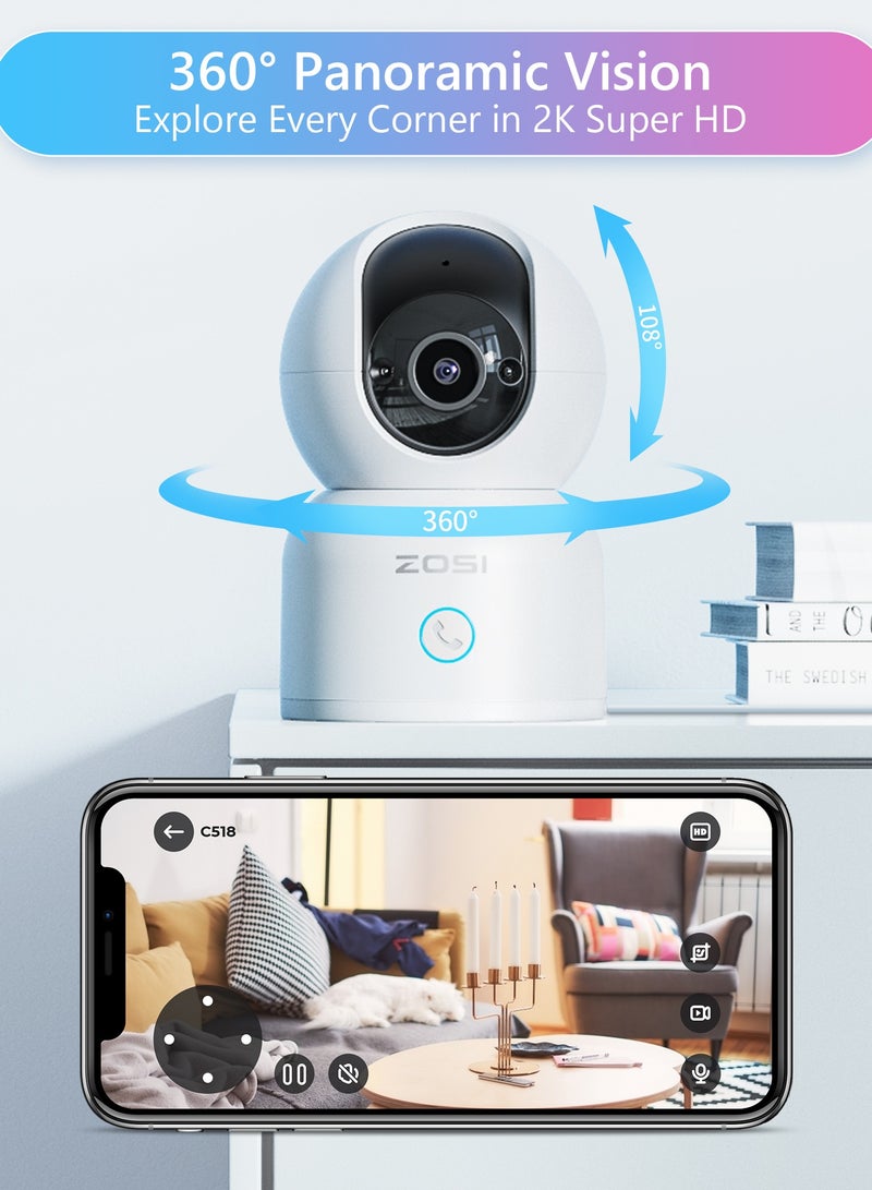 ZOSI C518 2K 3MP Pan/Tilt Security Camera,360° Views Baby/Pet Dog Monitor,2.4G/5G Dual-Band WiFi Indoor Cam with App,Smart Person Detection,2 Way Aud,Cloud & SD Card Storage,Works with Alexa