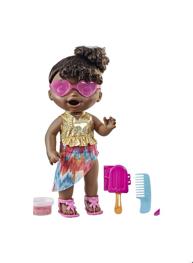 Baby Alive Sunshine Snacks Doll, Eats and Poops, Summer-Themed Waterplay Baby Doll, Ice Pop Mold, Toy for Kids Ages 3 and Up, Black Hair