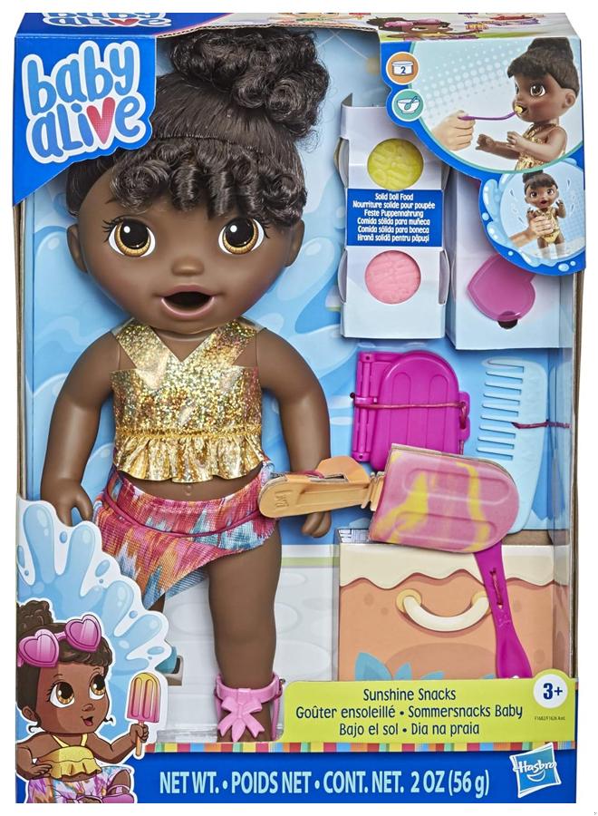 Baby Alive Sunshine Snacks Doll, Eats and Poops, Summer-Themed Waterplay Baby Doll, Ice Pop Mold, Toy for Kids Ages 3 and Up, Black Hair