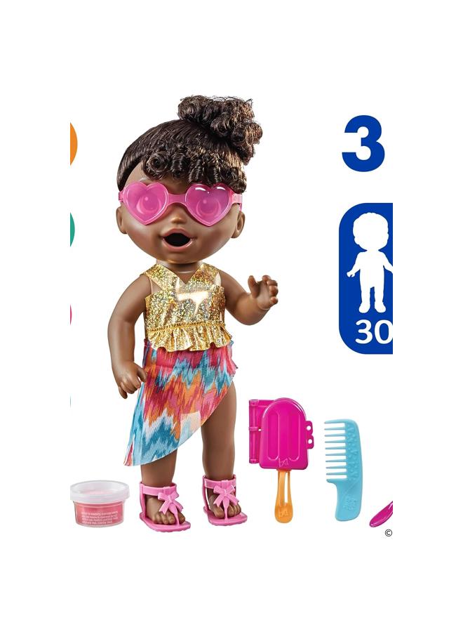 Baby Alive Sunshine Snacks Doll, Eats and Poops, Summer-Themed Waterplay Baby Doll, Ice Pop Mold, Toy for Kids Ages 3 and Up, Black Hair