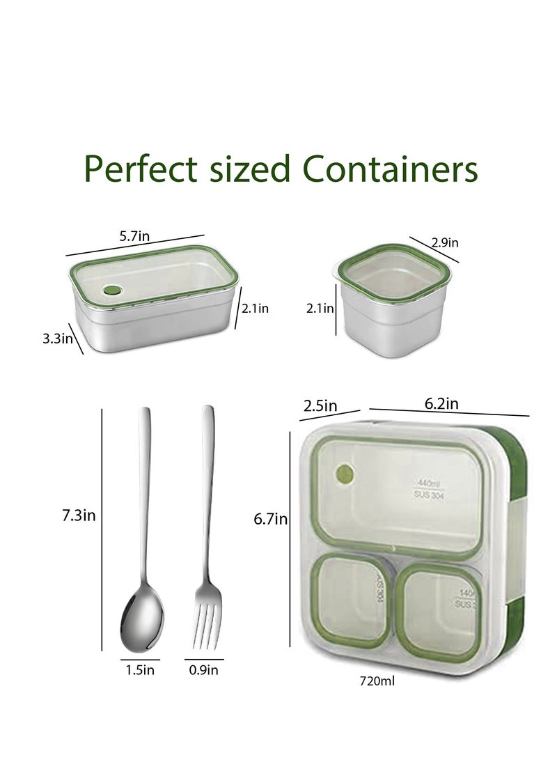 Adando 304 Stainless steel bento box Portable bento box with lids Three grids thermal insulation lunch box food lunch container set Leak proof lunch box Microwave oven heating For Adults/Students