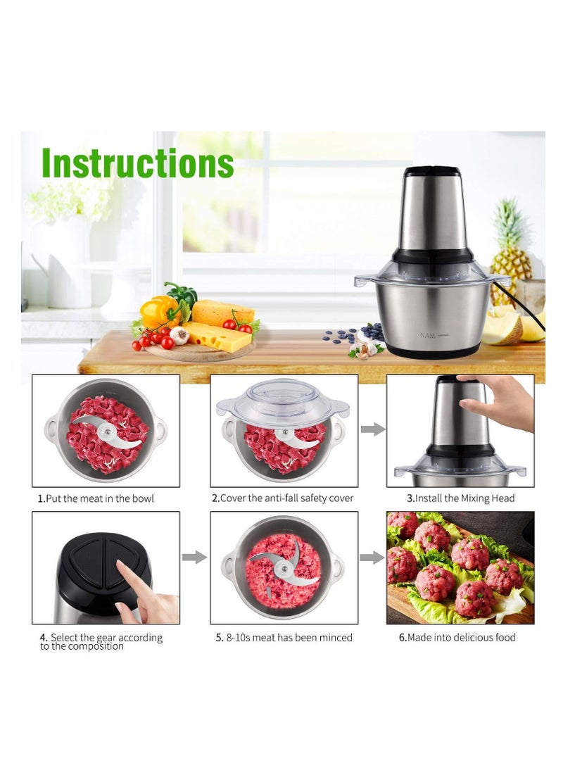 Meat Grinder, 500W Powerful Food Processors, 14Cup Stainless Steel Bowl, 3 Speed Modes 4 Bi-Level Blades for Onion, Meat, Nuts, Fruit, Garlic, Vegetable, Baby Food (2L)