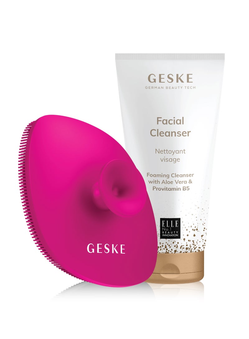 Geske Foaming Cleanser Lotion,Aloe Vera & Provitamin B5, Deep Cleanse, Exfoliate & Nourish + Sonic Facial Brush 5 in 1 Complete Skincare Set for Radiant, Healthy Skin (Combo Pack)- Magenta