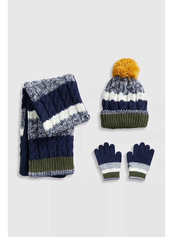 Blue Knitted Hat, Scarf and Gloves Set