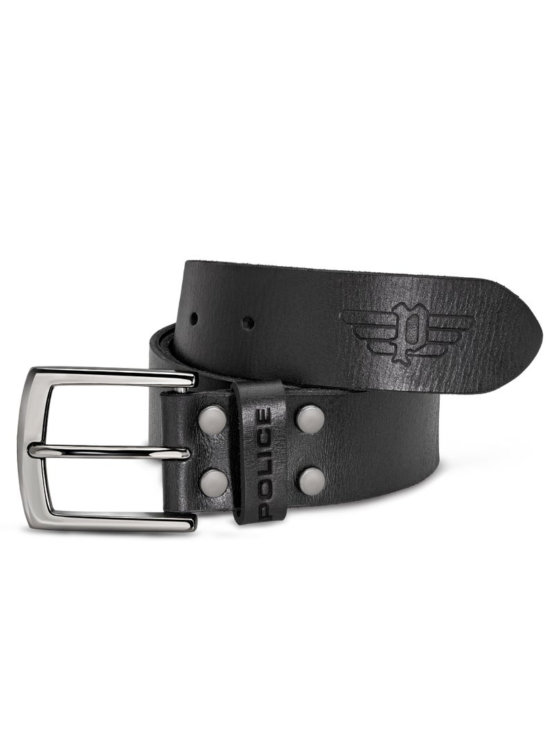 Police Viking Black Genuine Leather Men's Casual Belt with Stainless Steel Buckle - Waist Size-32-36