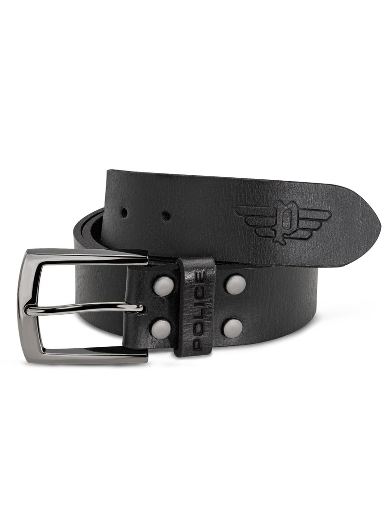 Police Viking Black Genuine Leather Men's Casual  Belt with Stainless Steel Buckle - Waist Size-36-40