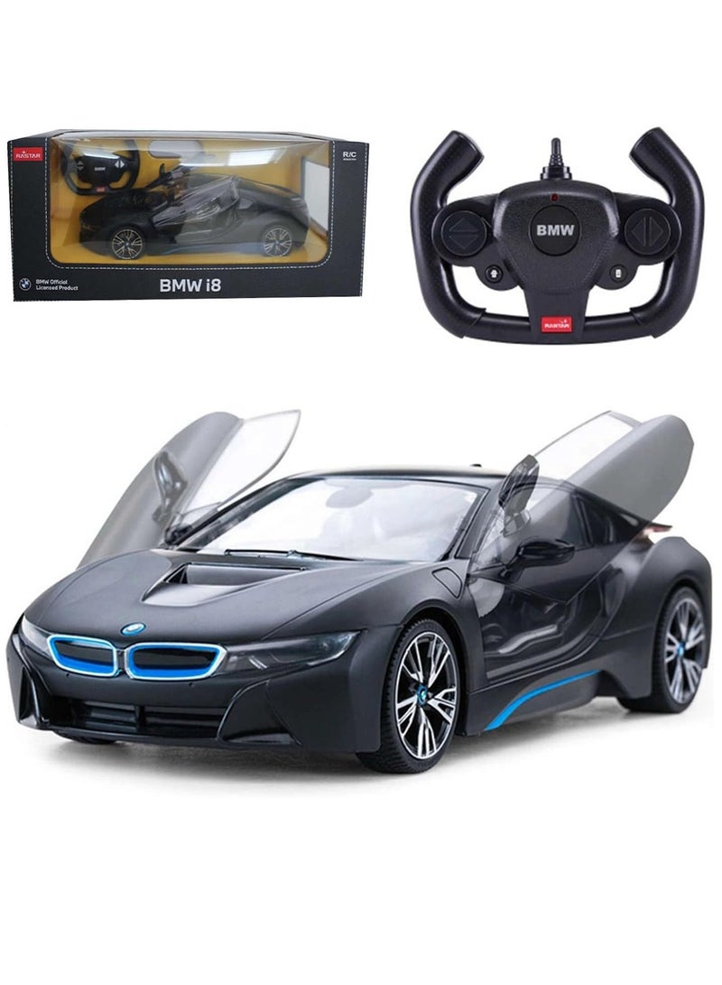 Remote Control Cars 1/14 Scale Officially Licensed RC Series BMW i8, Electric Sport Racing Hobby Toy Car With Open Door Model Vehicle for Boys and Girls Teens and Adults Gift - Matt Black