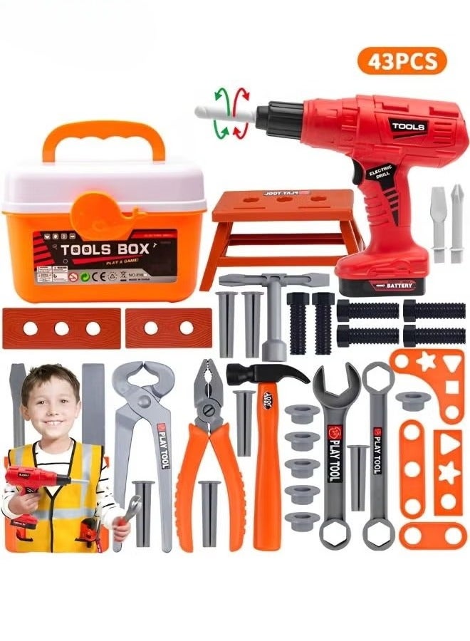 43PCS Kids Tool Set with Electric Power Drill & Construction Worker Costume Durable Pretend Play Tool Toys Construction Toy Kit Playset Accessories for Girls Boys Gift