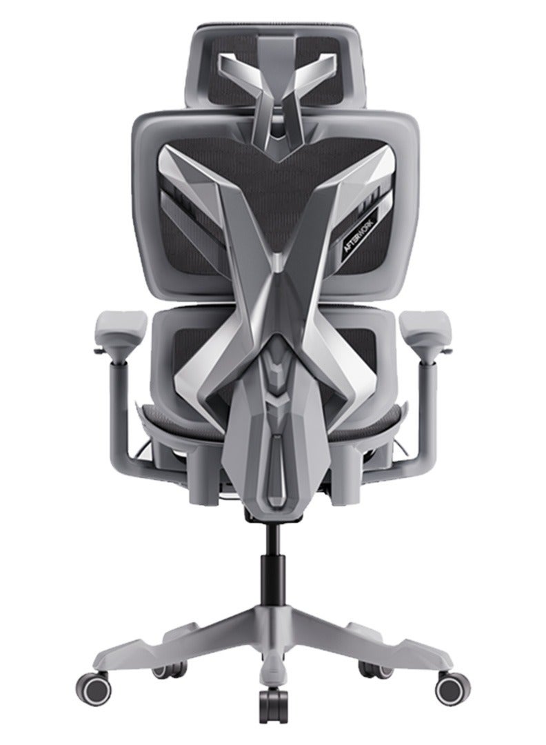 Xyrion Super Ergonomic Gaming Chair with Footrest - 3D Adjustable Headrest, Adaptive Backrest, 4-Position Tilt Lock, Breathable Mesh, and Silent Castors - Grey & Silver