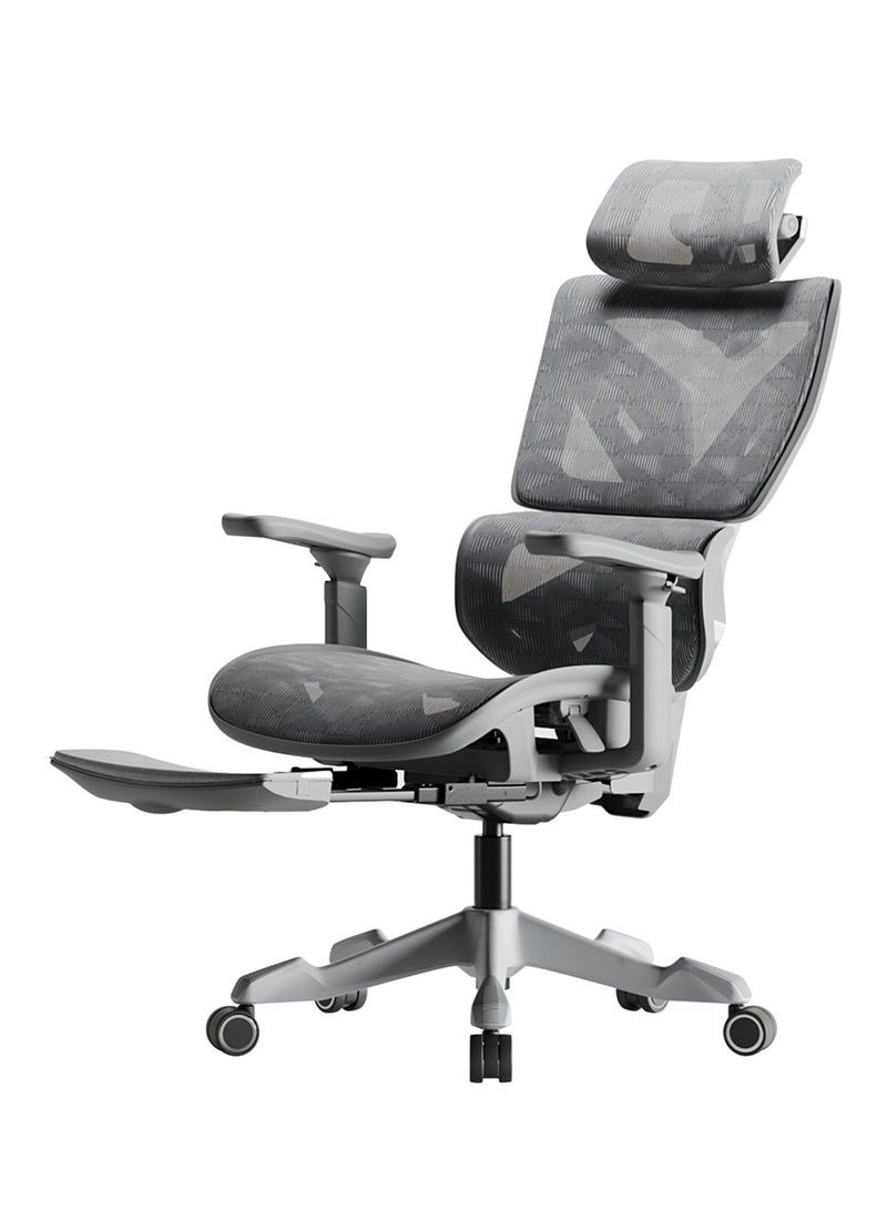 Xyrion Super Ergonomic Gaming Chair with Footrest - 3D Adjustable Headrest, Adaptive Backrest, 4-Position Tilt Lock, Breathable Mesh, and Silent Castors - Grey & Silver