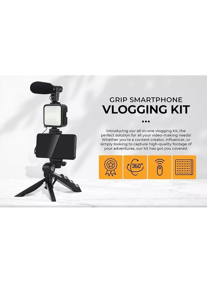 Grip Smartphone Vlogging kit, for Apple & Android, Includes USB-C & iPhone Lightning Cable, YouTube Starter Kit, Podcast Equipment, Tripod, Shotgun Mic, led Light, Phone Holder