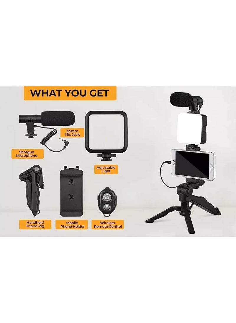 Grip Smartphone Vlogging kit, for Apple & Android, Includes USB-C & iPhone Lightning Cable, YouTube Starter Kit, Podcast Equipment, Tripod, Shotgun Mic, led Light, Phone Holder