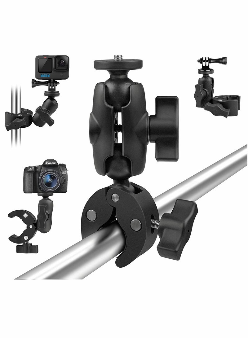 GoPro 10 Clamp Mount with Double Ball Head Adapter - 360 Degree Rotation Action Camera Clamp for Versatile Shooting Angles and Stability