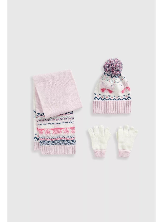 Pink Knitted Hat, Scarf and Gloves Set