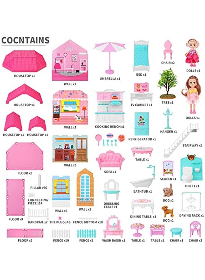 Dollhouse Dreamhouse Building Set for Girls | DIY House with Furniture, Movable Slides, Pets & Dolls | Creative Play & Ideal Gift