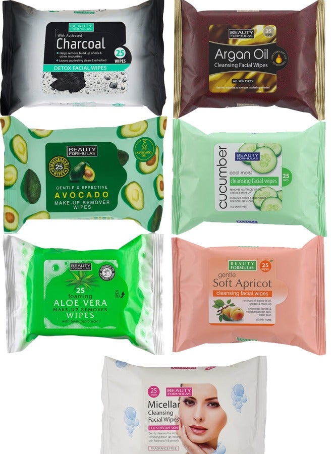 Assorted Facial Wipes Pack of 5 – 25 Wipes Each: Micellar Cleansing, Aloe Vera with Hyaluronic Acid, Cucumber Cool Moist, Argan Oil, Avocado, Gentle Soft, Detox with Activated Charcoal