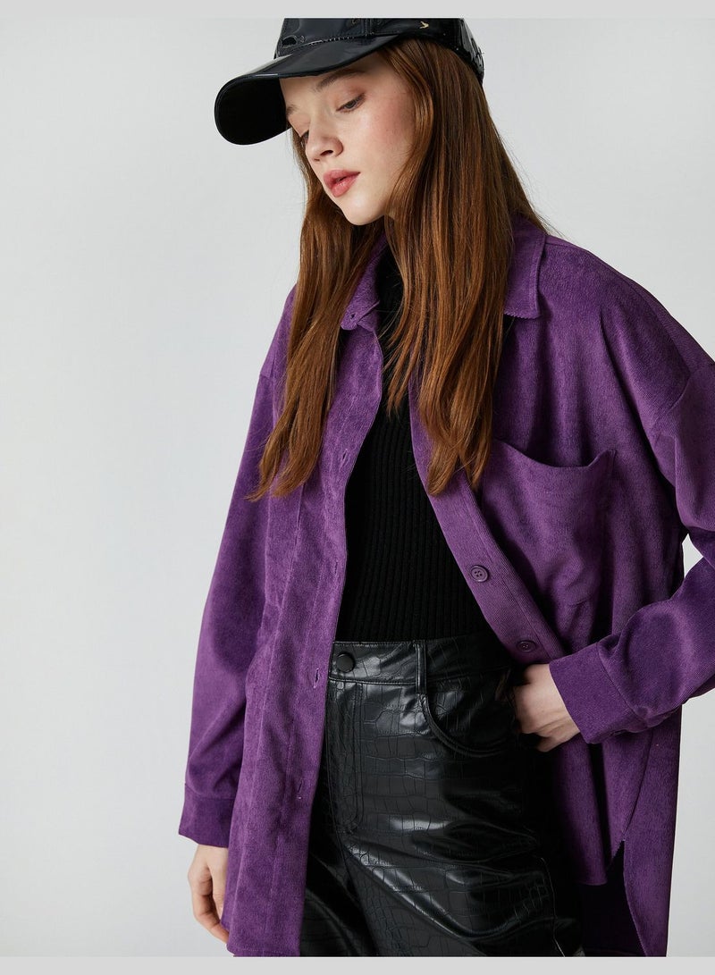 Long Sleeve Pocket Detail Velvet Oversized Shirt