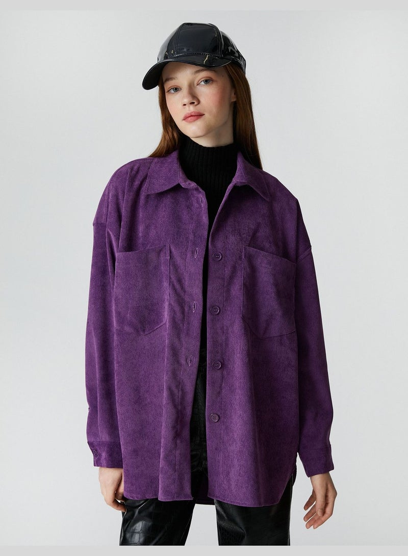 Long Sleeve Pocket Detail Velvet Oversized Shirt