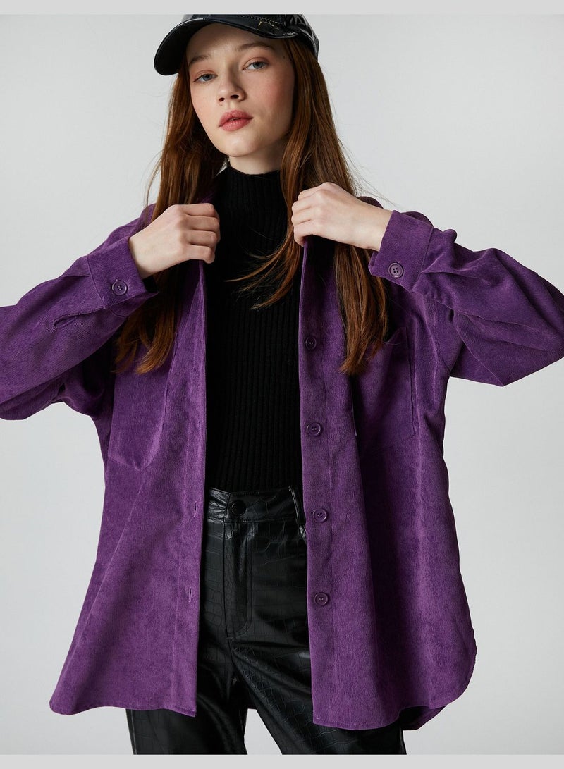 Long Sleeve Pocket Detail Velvet Oversized Shirt