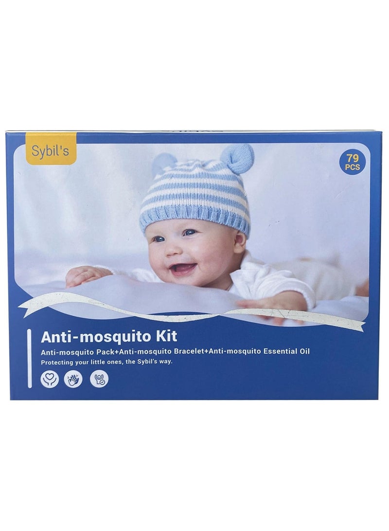 Anti Mosquito Kit for Kids Toddlers and Adult, 60xMosquito Repellent Sticker Patches, 1xAnti Mosquito Bracelet, 6xEssential Oils, 3xSpray Bottles, Complete Solution for Baby Safety