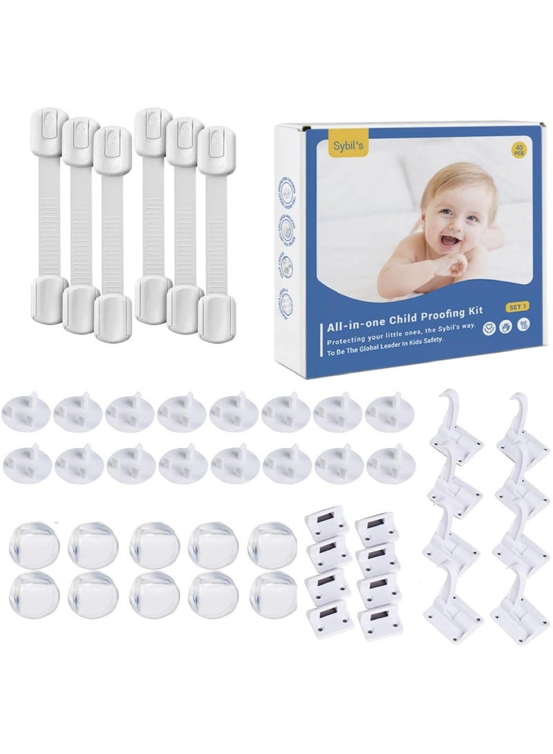 Sybils Childproofing Safety Kit, 6 x Adjustable Latches, 10 x Corner Guards, 16 x Socket Covers, 8 x Switch Locks, Home Safeguarding and Baby Proofing