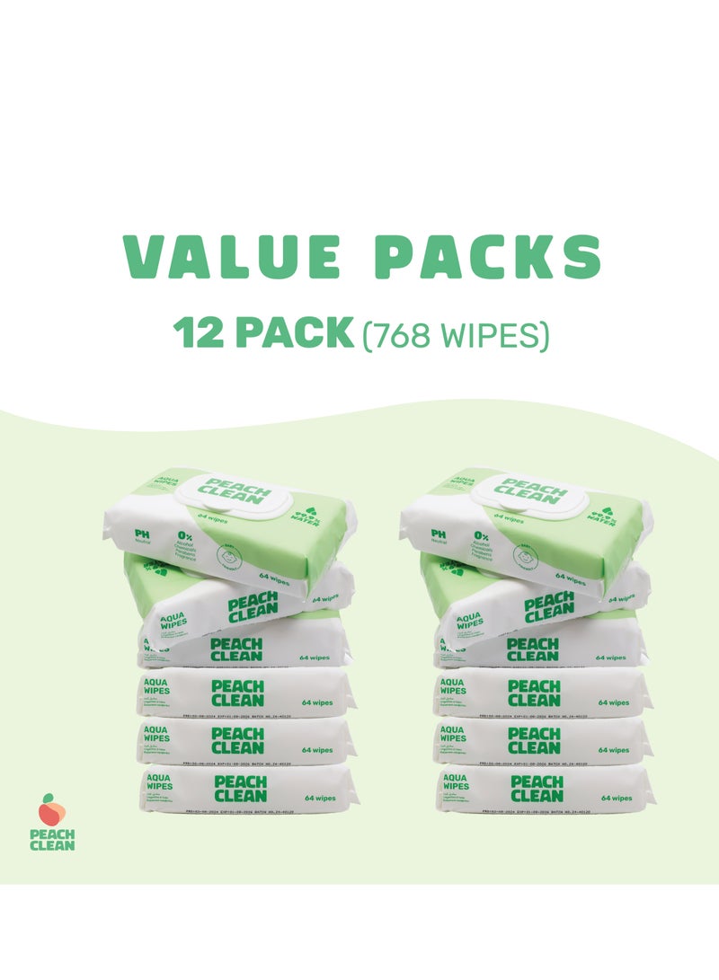 Baby Wipes 64 Pieces x 12 Packs - Cleansing Wet Wipes for Babies & Adults - 99.9% Purified Aqua Wipes - Ideal for Sensitive Skin & Gentle Baby Care