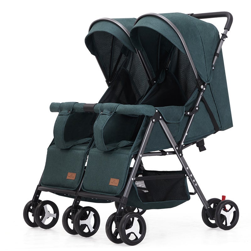 Portable elevator twin stroller two-way large and small baby double lightweight shock absorber folding trolley Dark green one-way (non-reversing + elevator access + non-splitting)