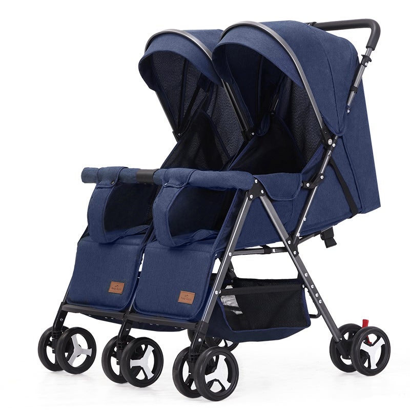 Portable elevator twin stroller two-way large and small baby double lightweight shock absorber folding trolley Denim blue one-way (non-reversing + elevator + non-splitting)