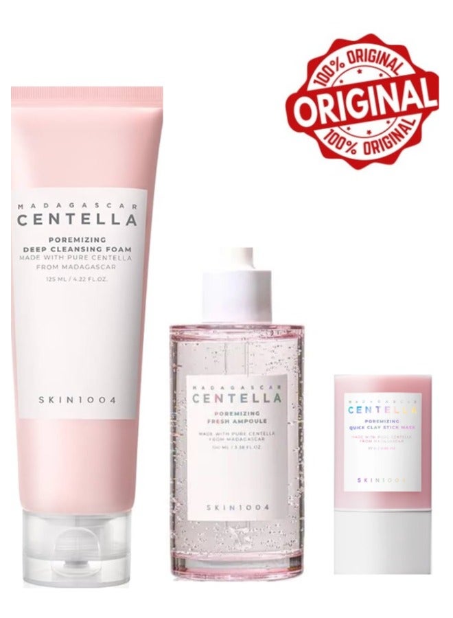 Madagascar Centella Poremizing Set 3 pcs Deep Cleansing Foam 125ml , Fresh Ampoule 100 ml and Quick Clay Stick Mask 27g 225ml+27grams