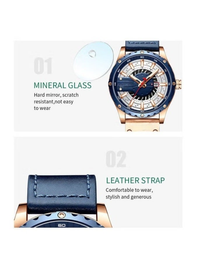 Men's Quartz Wrist Watch with Blue Leather Strap – Stylish and Durable Timepiece for Men – Perfect for Everyday Wear and Special Occasions