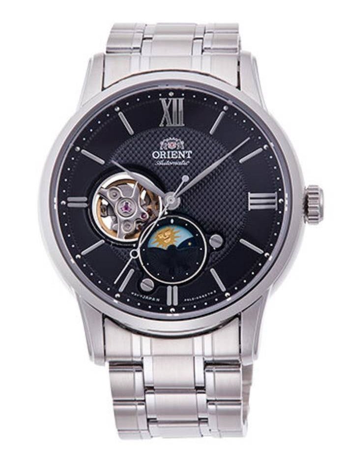 Automatic Sun & Moon Black Dial Stainless Steel Men's Watch