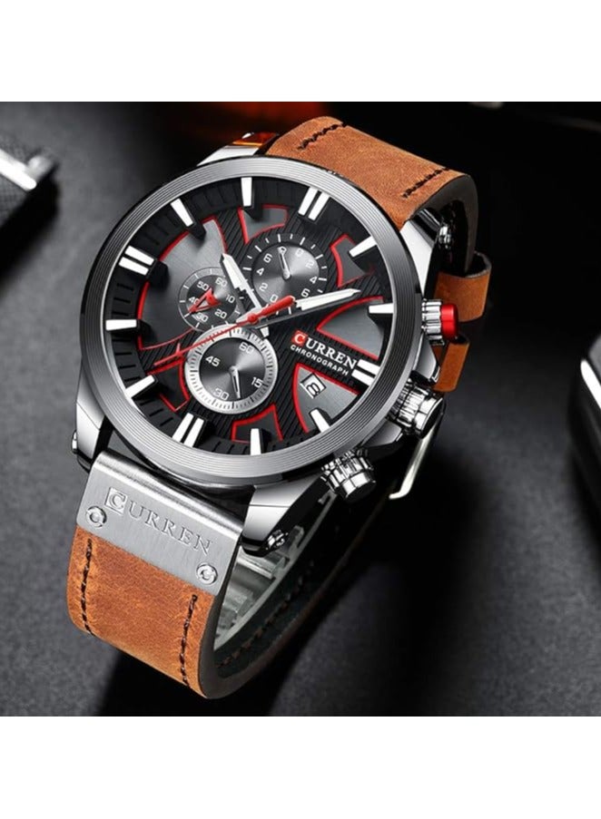 Curren Men Watch Waterproof Quartz Wrist Watch Multifunctional Calendar Alloy Case Leather Band Watch