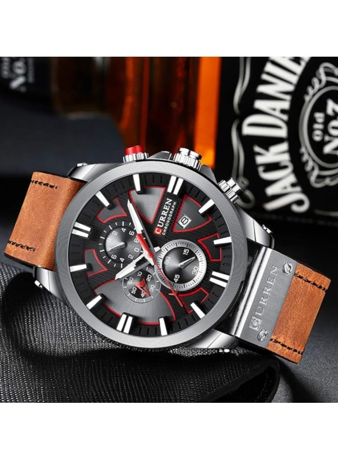 Curren Men Watch Waterproof Quartz Wrist Watch Multifunctional Calendar Alloy Case Leather Band Watch