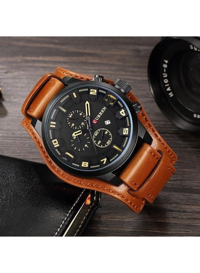 Men's Grey Leather Round Analog Chronograph Watch with Date Display.