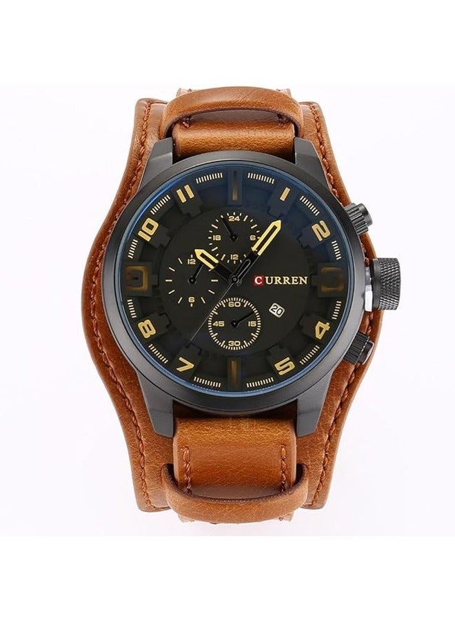 Men's Grey Leather Round Analog Chronograph Watch with Date Display.