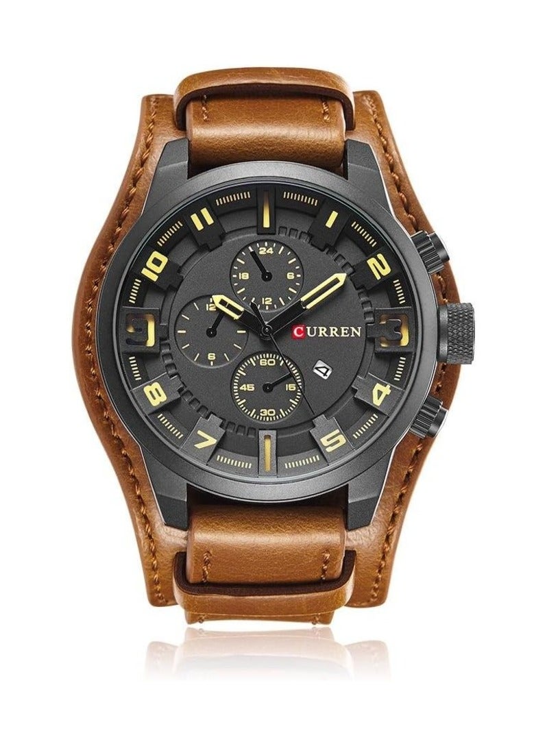 Men's Grey Leather Round Analog Chronograph Watch with Date Display.