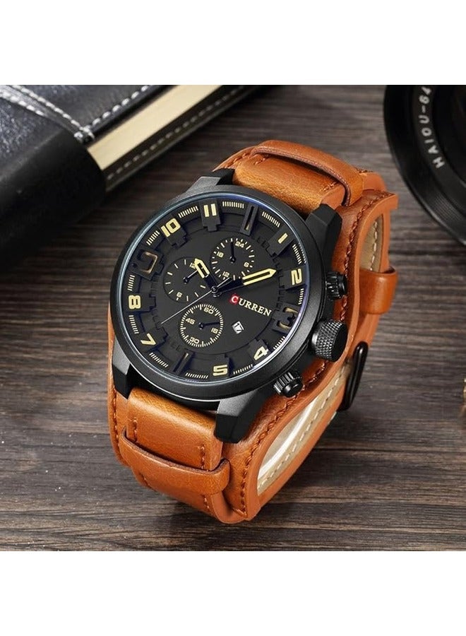 Men's Grey Leather Round Analog Chronograph Watch with Date Display.