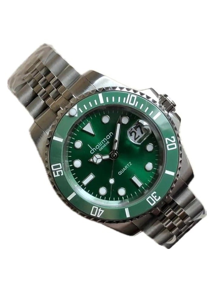 Chairman Men's Stainless steel Watch, 40mm Diameter, Water Resistant, Green Bezel,Green Dial with Date