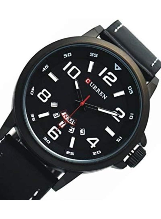 Men’s Analog Quartz Watch – 50mm Black Dial, Water Resistant, Leather Strap, Date & Day Function