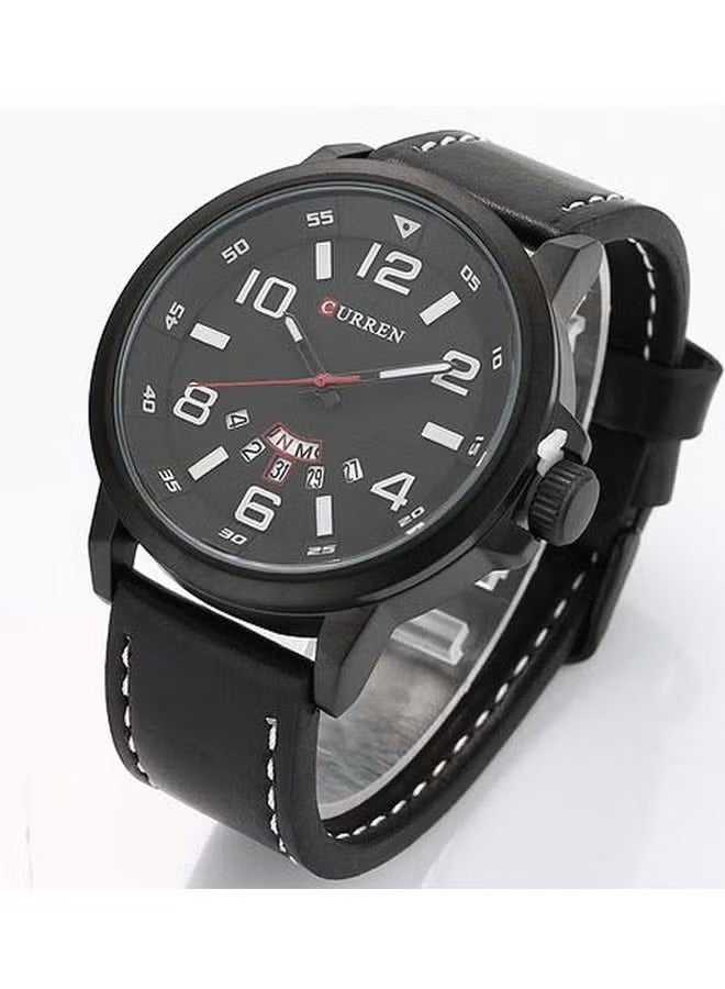 Men’s Analog Quartz Watch – 50mm Black Dial, Water Resistant, Leather Strap, Date & Day Function