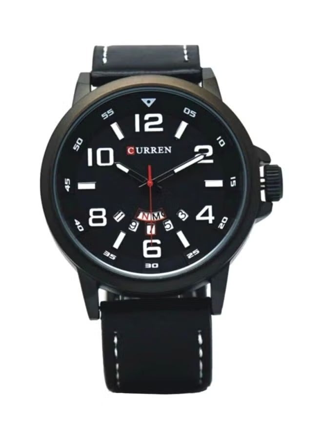 Men’s Analog Quartz Watch – 50mm Black Dial, Water Resistant, Leather Strap, Date & Day Function