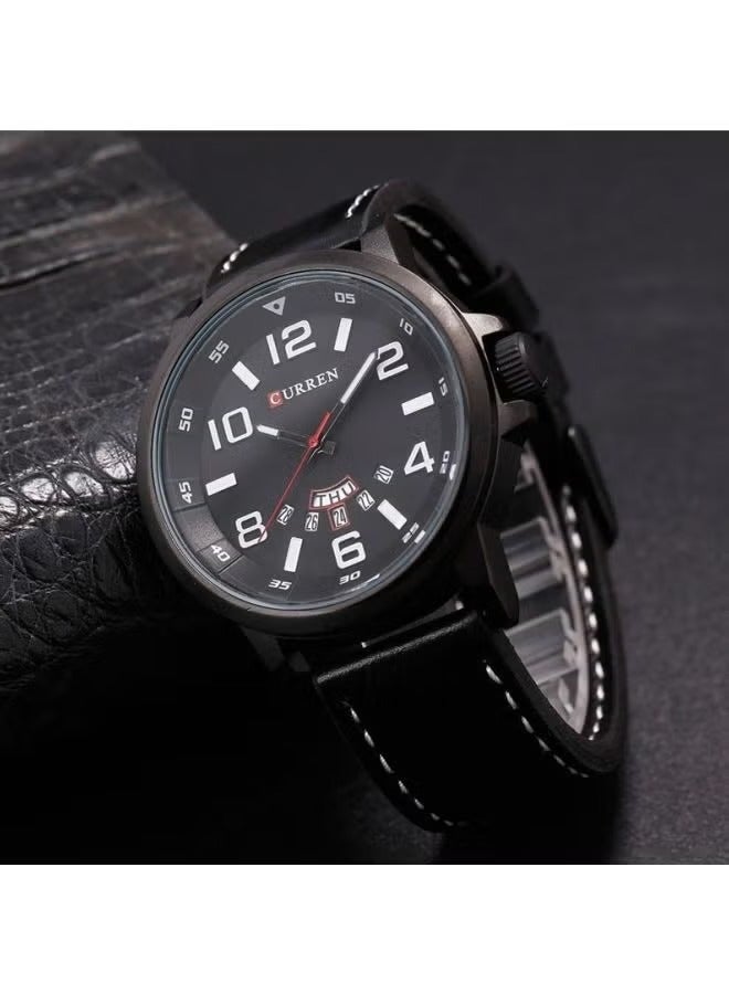 Men’s Analog Quartz Watch – 50mm Black Dial, Water Resistant, Leather Strap, Date & Day Function