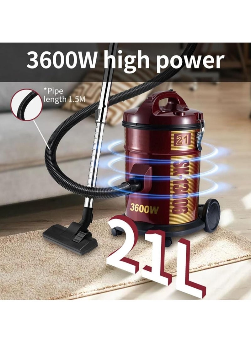 Drum Vacuum Cleaner 3600W, Powerful Carpet & Floor Cleaning with Cleaning Brush, 21L Tank Capacity, Extra Long Power Cord, Removable & Washable Filter, Rug Floor Nozzle, Ideal for Home, Office, and Mosque