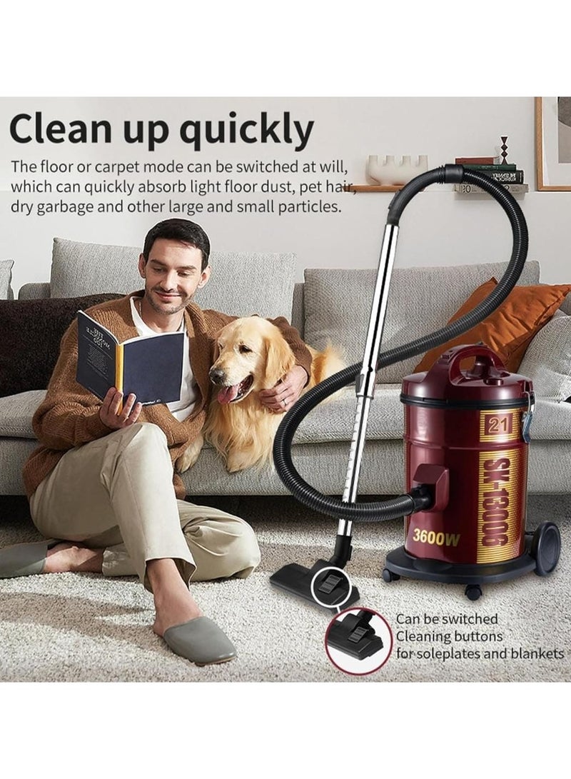 Drum Vacuum Cleaner 3600W, Powerful Carpet & Floor Cleaning with Cleaning Brush, 21L Tank Capacity, Extra Long Power Cord, Removable & Washable Filter, Rug Floor Nozzle, Ideal for Home, Office, and Mosque