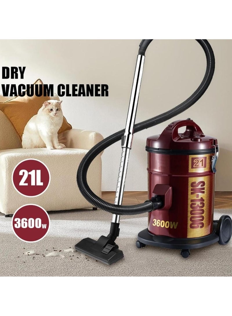 Drum Vacuum Cleaner 3600W, Powerful Carpet & Floor Cleaning with Cleaning Brush, 21L Tank Capacity, Extra Long Power Cord, Removable & Washable Filter, Rug Floor Nozzle, Ideal for Home, Office, and Mosque