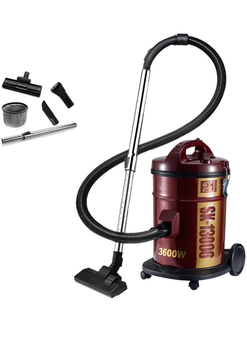 Drum Vacuum Cleaner 3600W, Powerful Carpet & Floor Cleaning with Cleaning Brush, 21L Tank Capacity, Extra Long Power Cord, Removable & Washable Filter, Rug Floor Nozzle, Ideal for Home, Office, and Mosque