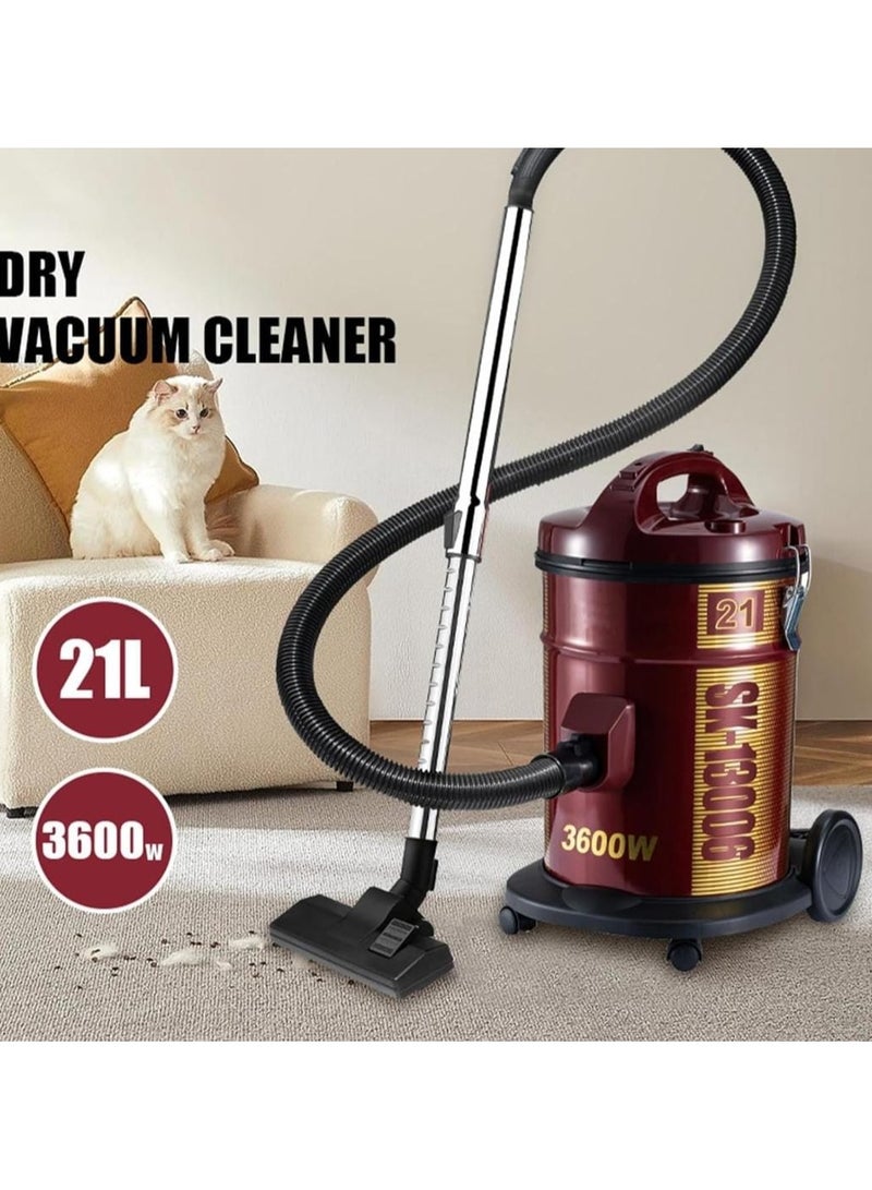 Drum Vacuum Cleaner 3600W, Powerful Carpet & Floor Cleaning, 21L Tank Capacity, Extra Long Power Cord, Removable & Washable Filter with Brush head, Rug-Floor Nozzle, Ideal for Home, Office, and Mosque